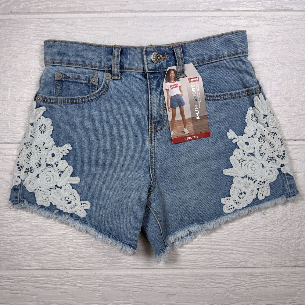 Levi’s Girls Crochet A-Line Denim Shorts Size 8 Reg NWT Adjustable Waist Frayed